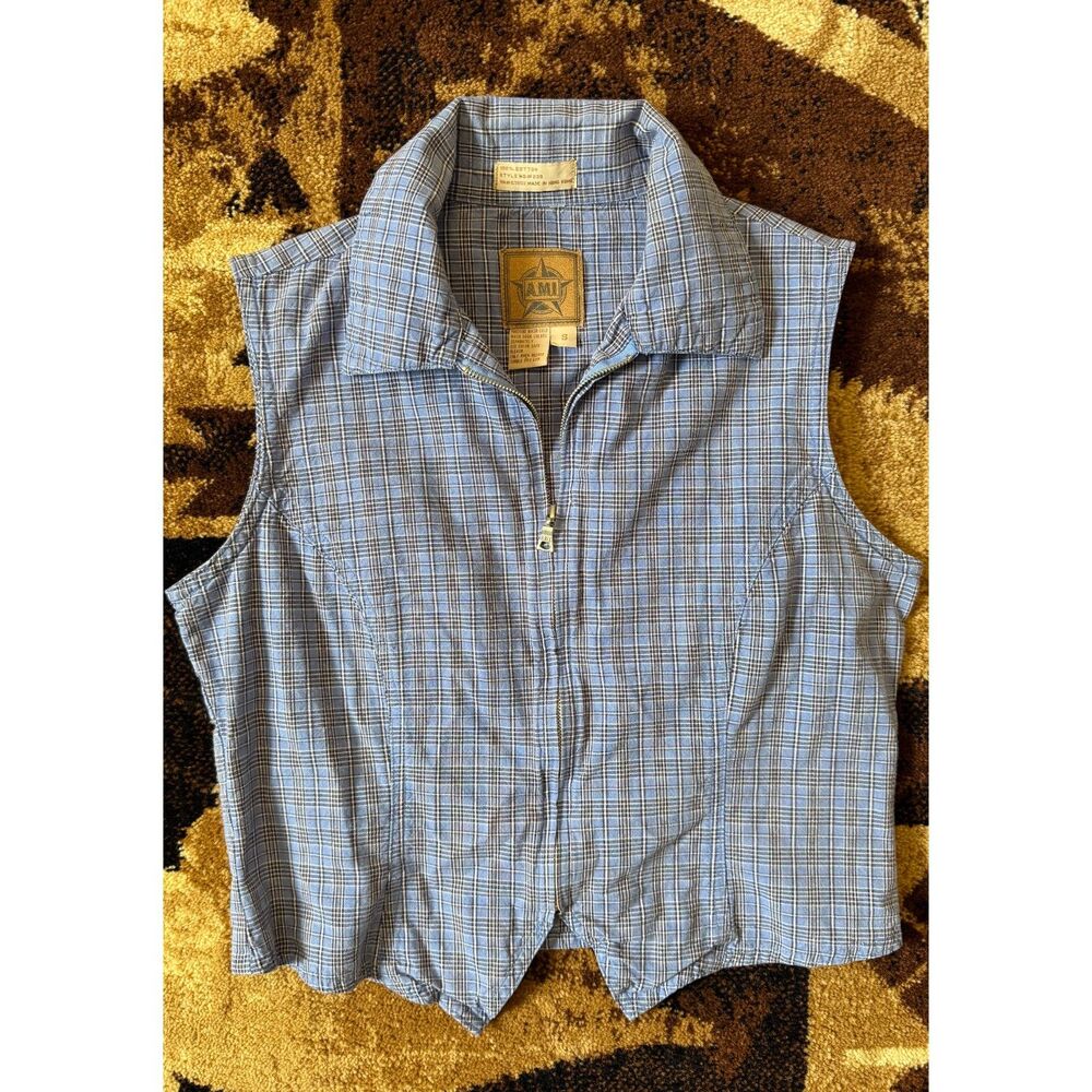 AMI 100% Cotton Zip Vest Shirt Blue Plaid Striped Collared Women's Small